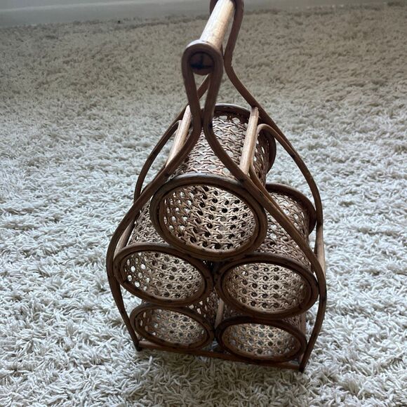 Vintage Wicker Wine Holder Rack/ Bent Bamboo and Rattan 5 Bottle Wine Rack with - Picture 3 of 14